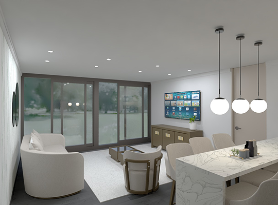 Sala moderna con sofá en L beige, sillones curvos y pared decorativa con papel tapiz geométrico en tonos grises